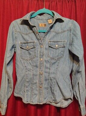 Vintage AT Denim Button Front Fitted Western Jean Shirt Jacket Medium Wash XS